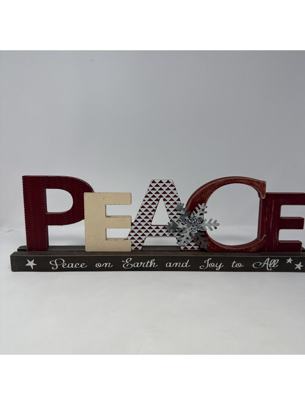 Wood Red White Peace Sign Christmas Decor Cut-Out Holiday Tabletop